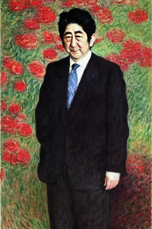 Image similar to portrait of shinzo abe painting by claude monet