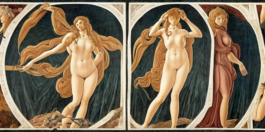 Prompt: the 12 months of the year as figures, in a mixed style of Botticelli and Æon Flux, stunningly detailed artwork