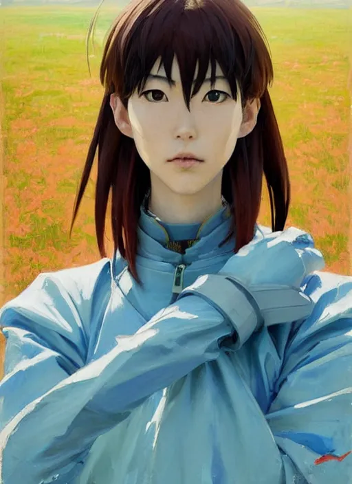 Image similar to portrait of Asuka Soryu from Evangelion, countryside, calm, fantasy character portrait, dynamic pose, above view, sunny day, thunder clouds in the sky, artwork by Jeremy Lipkin and Giuseppe Dangelico Pino and Michael Garmash and Rob Rey, very coherent asymmetrical artwork, sharp edges, perfect face, simple form, 100mm