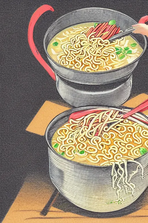 Image similar to a pot of delicious ramen noodles, vintage illustration