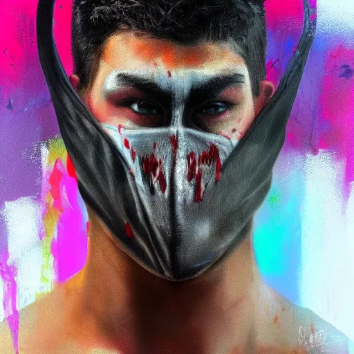 Prompt: realistic portrait photorealistic painting of bleeding young man with mask wrestler is trying to fight back. fine art, trending on artstation, smooth draw, sharp focus, digital art, bright colors.
