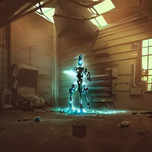 Image similar to cybernetic robots emerging through an interdimensional portal in a rustic mid-western barn, futuristic, realism, octane, 4k