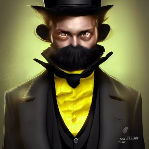 Image similar to a highly detailed portrait of a man in a high top hat covering his face, in a black tailcoat with a yellow waistcoat under the tailcoat, artstation, deviantart, professional, unreal engine 5, photorealistic