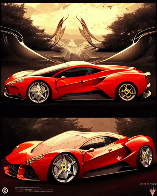 Image similar to Art nouveau Ferarri car, fantasy, intricate zigzag designs, elegant, highly detailed, sharp focus, art by Artgerm and Greg Rutkowski and WLOP