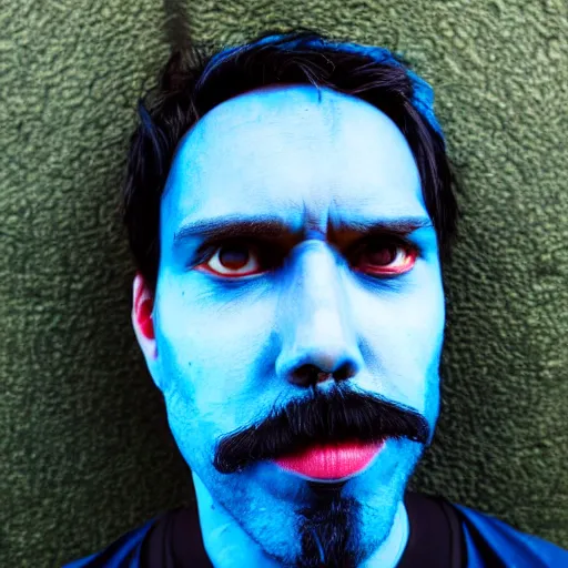 Image similar to fish eye lens close up photograph of a man with blue skin and a goatee side eyeing the camera with a sympathetic look