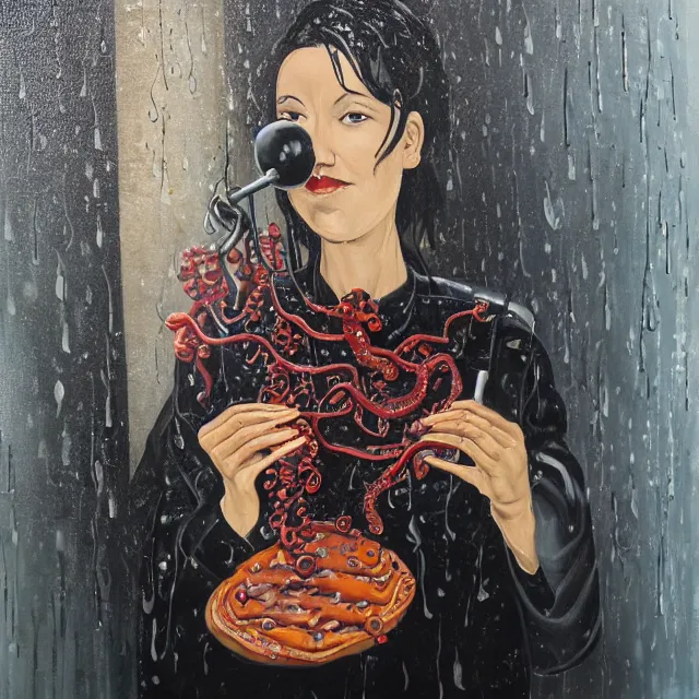 Image similar to a portrait in a dark laneway, a woman holding pancakes, streetlamps, rain, berries dripping, scientific instruments, ikebana, octopus, neo - expressionism, surrealism, acrylic and spray paint and oilstick on canvas