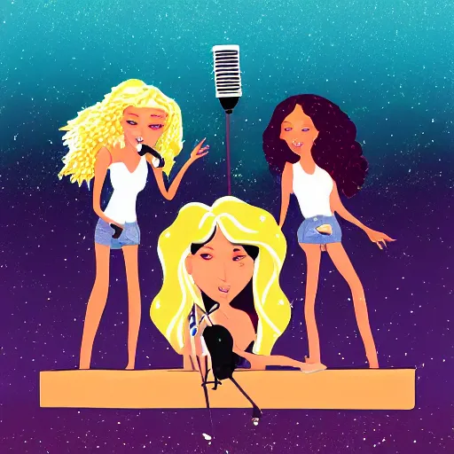 Prompt: illustration of a pop rock music group named'shiny souls'with two woman singers with blonde hair and one woman singer with brown curly hair singing in front of the crowd in a stadium, firework in background, aerial view, digital art