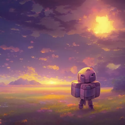 Prompt: beautiful painting of companion cube in a beautiful landscape, anime, studio ghibli, makoto shinkai, rhads, radiant light, detailed and intricate environment