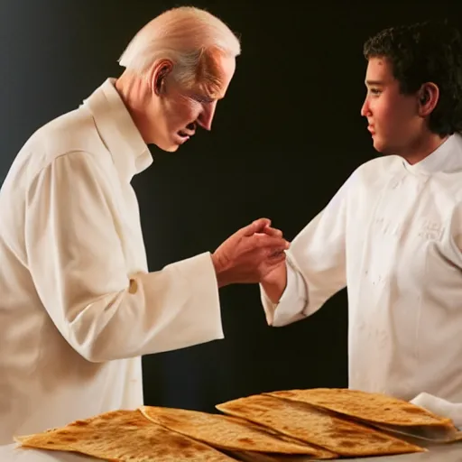 Image similar to jesus giving joe biden a quesadilla from heaven, cinematic lighting, film still