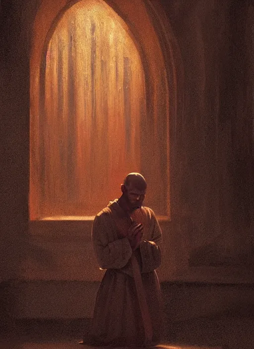 Image similar to oil painting portrait of a weeping sobbing tonsured dominican monk in a brown habit, kneeling in a dark empty chapel, hazy, digital art, artstation, cinematic, moonlight, digital art painting by greg rutkowski, cozy atmosphere, cinematic lighting