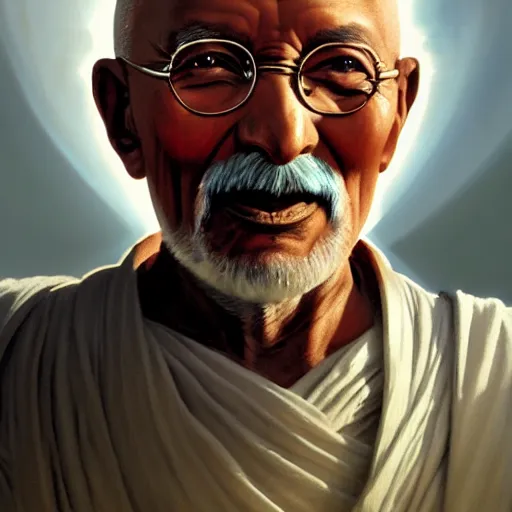 Image similar to a photorealistic portrait of ghandi as a jedi in star wars cinematic lighting, photorealistic, octane render, 8 k, depth of field, 3 d, art by artgerm and greg rutkowski and alphonse mucha and uang guangjian and gil elvgren and sachin ten