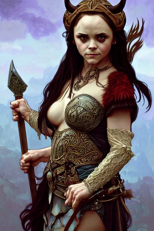 Image similar to Christina Ricci as an Viking warrior, fantasy, intricate, elegant, highly detailed, digital painting, artstation, concept art, smooth, sharp focus, illustration, art by alphonse mucha