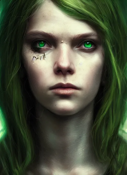 Image similar to portrait of a ominous girl, perfect green eyes, detailed reptile skin, ultra realistic, cinematic lighting, depth of field, artstation, Seb McKinnon