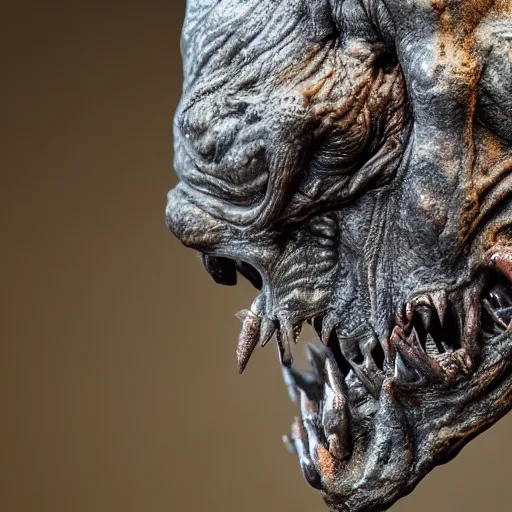 Image similar to photo taken of an epic intricate, ultra detailed, super realistic gritty, terrifying, lifelike bust sculpture of a demon hellspawn creature design created by weta workshop, zoomed in shots, photorealistic, sharp focus, cold colour temperature, f 0. 4, face centred