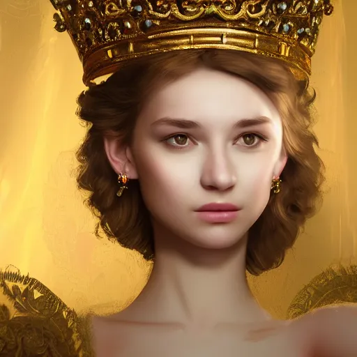 Prompt: a portrait of a beautiful girl with crown,inspired by Baroque and Rococo,hint of gold ,bright colours,hyper realistic,photo real ,matte painting, concept art, hdri, 4k -