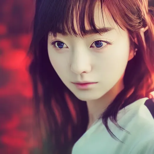 Image similar to a dynamic, epic cinematic 8K HD movie shot of close-up japanese beautiful cute young J-Pop idol actress girl face. Motion, VFX, Inspirational arthouse, at Behance, with Instagram filters