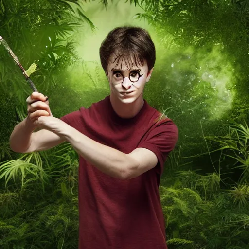 Image similar to harry potter with red eyes in a jungle of weed plants, holding a joint as his wand, his wand he is holding is a joint, smoke coming out of it, and smoking weed and surrounded by green dense weed kush plants, smoke in front, smoke behind, smoke background, red bloodshot eyes, smoking weed, hyper detailed, cinematic lighting, studio quality, smooth render,