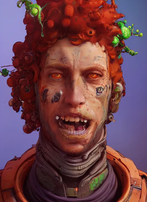 Image similar to lunarpunk portrait of curly orange hair man from borderlands 3, au naturel, hyper detailed, digital art, trending in artstation, cinematic lighting, studio quality, smooth render, unreal engine 5 rendered, octane rendered, art style by klimt and nixeu and ian sprigger and wlop and krenz cushart.