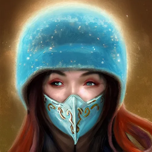 Image similar to art, bandit from ‘ icewind dale ’ and ‘ icewind dale heart of winter ’, with a frost blue gem mask lined with copper, ‘ icewind dale 2 ’ profile portrait by ‘ justin sweet ’, falling snow, soft focus, illustration, oil paint, trending artstation