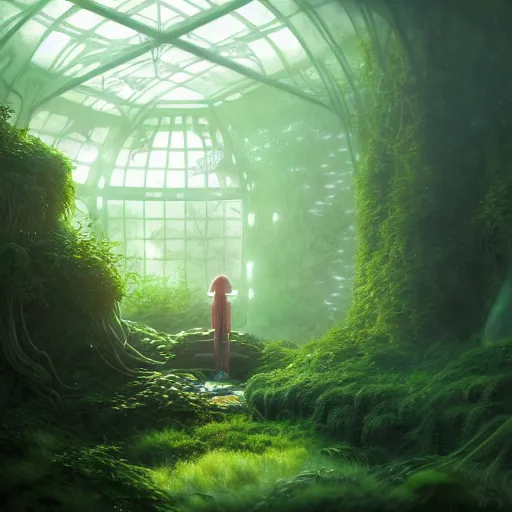 Image similar to , teenager in sci - fi forest green house, spaceship,, stephen bliss, misty, unreal engine, pixar, fantasy art by greg rutkowski, loish, ferdinand knab, and lois van rossdraws, global illumination, radiant light, minimalist, detailed and intricate environment