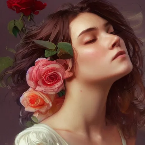 Image similar to woman smelling a flower, roses everywhere, highly detailed, digital painting, artstation, concept art, smooth, sharp focus, illustration, art by artgerm and greg rutkowski and alphonse mucha