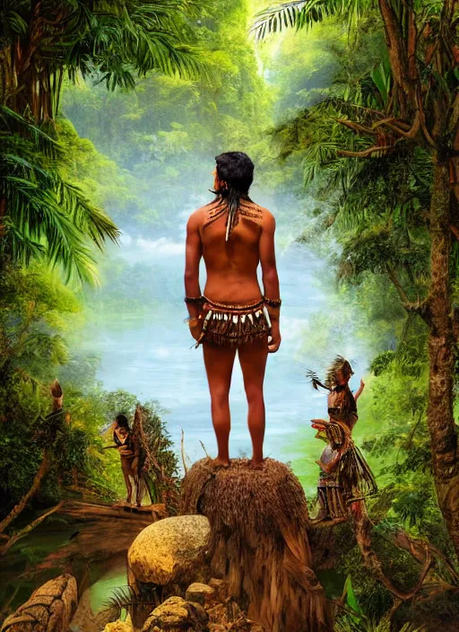 Image similar to a young indigenous amazon man standing on the bank of the amazon river, matte painting, ayahuasca, fantasy art