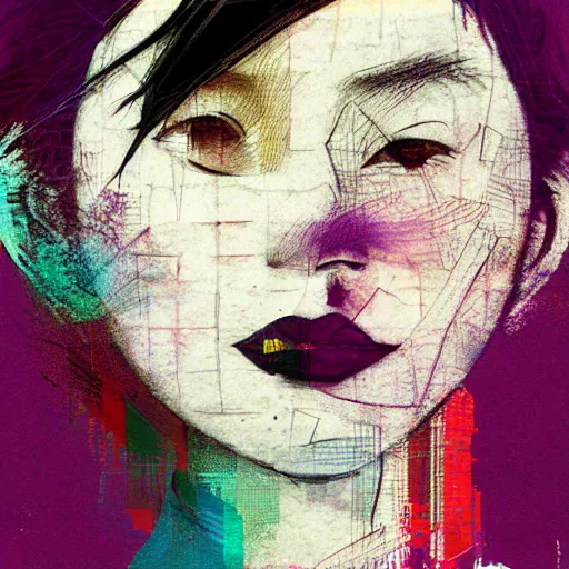 Image similar to Graphic Illustration, Creative Design, Glitch Art, Young Asian Woman with Purple Hair, by Ashley Wood and Jamie Hewlett