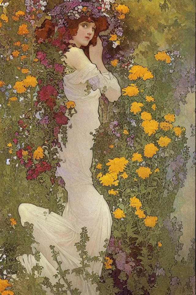 Image similar to atmospheric fresco texture painting of a garden full of ferns, marigold flowers by alphonse mucha