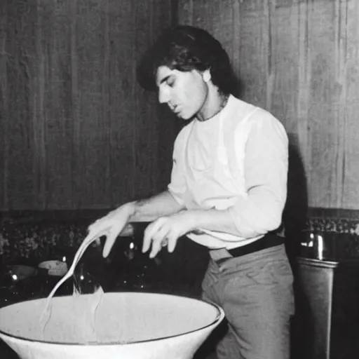 Image similar to young Luciano Ligabue using a dishwater