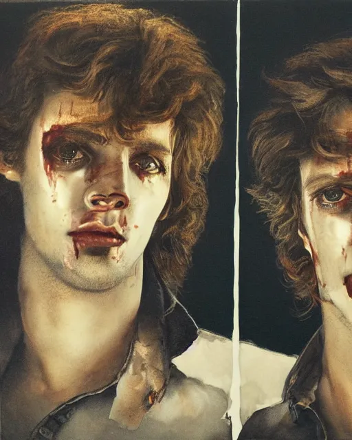 Prompt: two handsome but sinister young men in layers of fear, with haunted eyes and wild hair, 1 9 7 0 s, seventies, wallpaper, a little blood, moonlight showing injuries, delicate embellishments, painterly, offset printing technique, by mary jane ansell