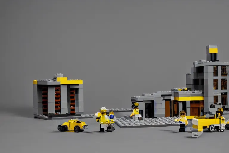 Image similar to Lego set of a brutalist building, studio photography, spotlight, low saturation