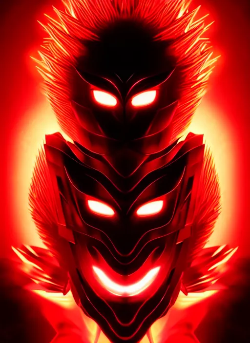 Image similar to a striking cinematic full body manga portrait of a long black haired masked male teenager wearing imposing red jagged spiked plate armour and glowing with raging powerful red energy by hirohiko araki and beeple, fine details, digital art, character concept art, volumetric lighting, cinematic light, photorealistic