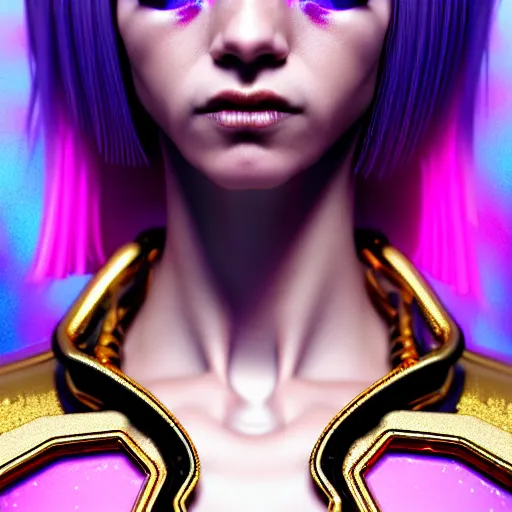 Image similar to hyperdetailed close portrait of a stunningly beautiful cyberpunk venus girl androgynous wizard made of iridescent metals and shiny pink gems, bright rainbow nimbus, gold necklace, gold background inspired by ross tran and masamune shirow and kuvshinov, concept art, intricate, photorealistic, octane render, rtx, hdr, unreal engine, dnd digital art by artgerm