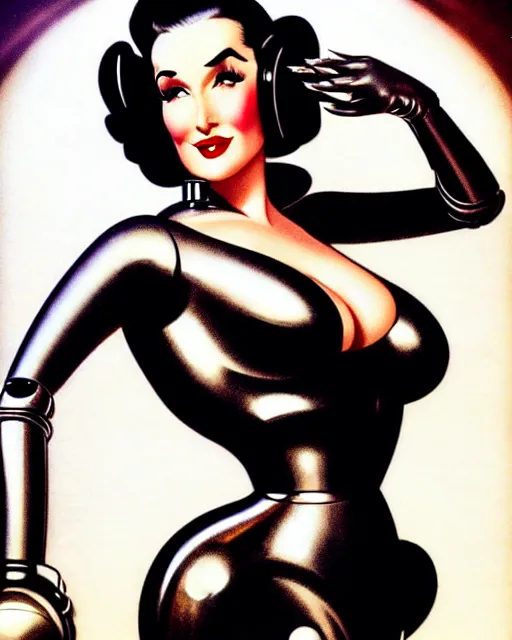 Prompt: closeup beautiful retro space dita von teese posing with a chrome robot in dieselpunk city at night, pinup, windblown dark hair, seductive, hyper detailed, digital art, smooth, sharp focus, gil elvgren, luis royo, alberto vargas, 1 9 5 0, when mars attacks