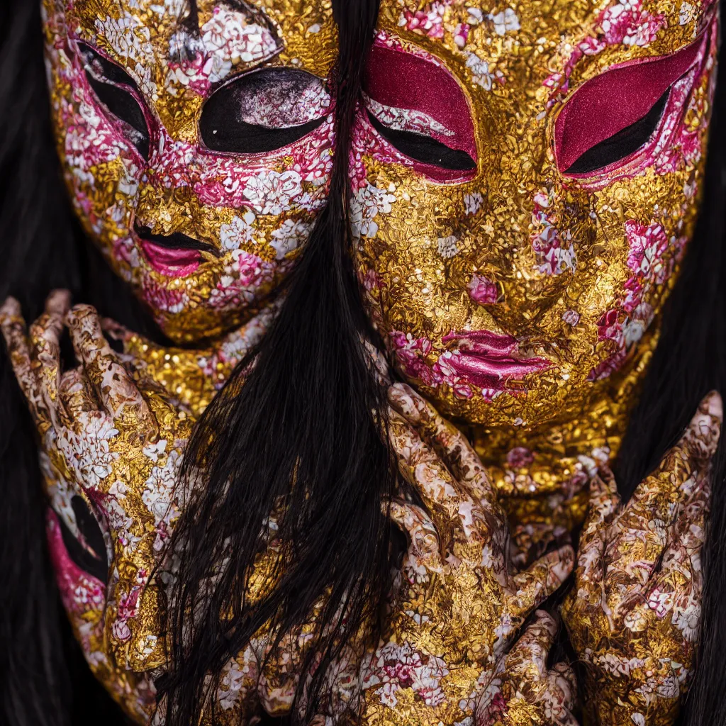 Prompt: highly detailed editorial photography of a face wearing a glowing Kabuki mask, at twilight, ultra fashion, 105mm f2.8