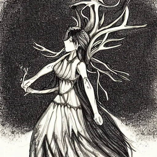 Image similar to girl in a dress riding a giant elk, trending on art station