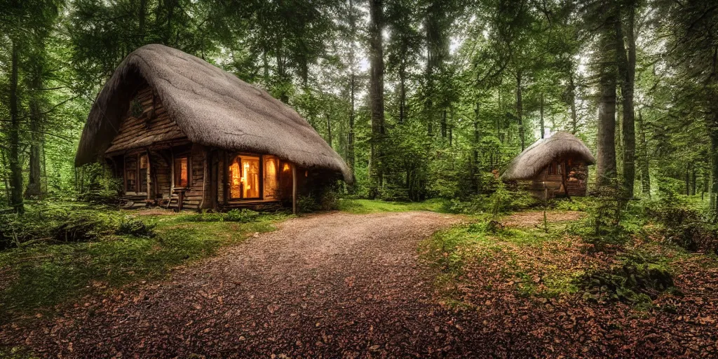 Image similar to a cottage in the woods, fantasy, hyper realistic, dramatic lighting, wide angle lens, 8k