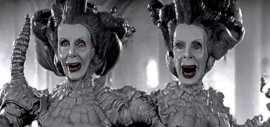 Image similar to film still of nancy pelosi as zuul in ghostbusters. on top of building with gargoyles at her side.