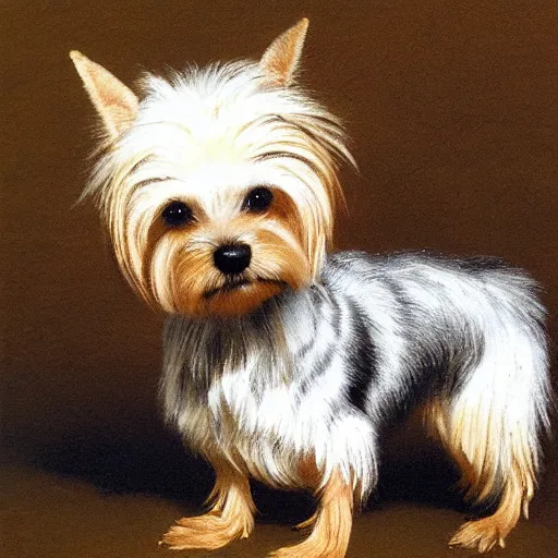 Image similar to Yorkie dog, extremely detailed masterpiece, illustration, by Michael Sowa,