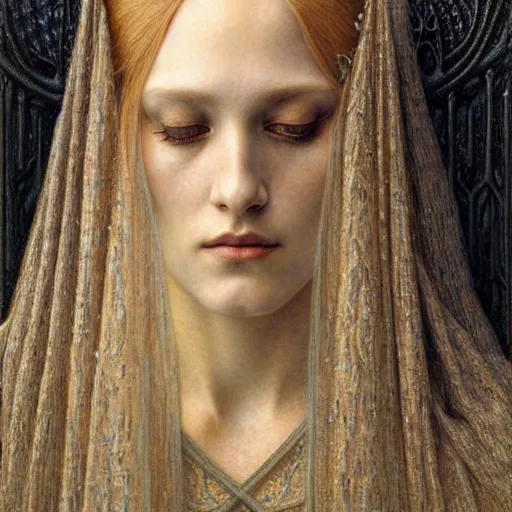 Image similar to detailed realistic beautiful young medieval queen face portrait by jean delville and marco mazzoni, art nouveau, symbolist, visionary, gothic, pre - raphaelite