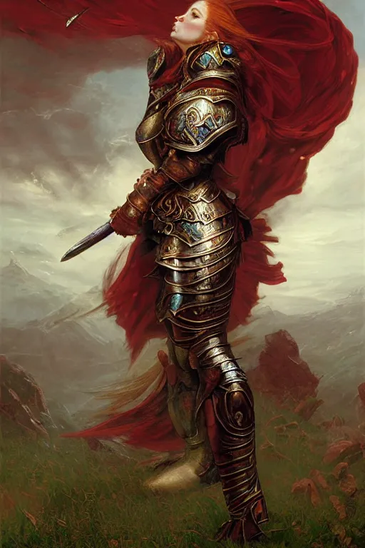 Prompt: beautiful female warrior, half body portrait, ginger hair, ornate armour, in a dynamic pose, realistic oil painting by Thomas Cole and Wayne Barlowe