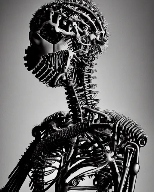 Prompt: a beautiful young female bio - mechanical vegetal - robot with long neck, by caravaggio, by h. r. giger, glamor shot, tri - x 4 0 0 tx, closeup, blur effect, high contrast, 1 6 k, rim lights, rembrandt lighting, reflective, insanely detailed and intricate, hypermaximalist, elegant, ornate, hyper realistic,