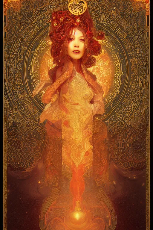 Image similar to tarot card artstation, portrait of a love dancer, sunrise, baroque ornamnet and rococo ornament, ancient chinese ornate, hyperdetailed, beautiful lighting, craig mullins, mucha, klimt, yoshitaka amano, red and gold and orange color palatte