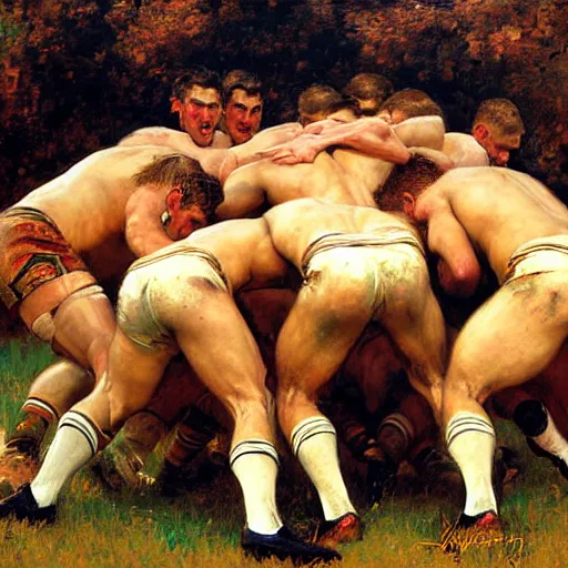 Prompt: handsome rugby players in a scrum painting by gaston bussiere, craig mullins, j. c. leyendecker, tom of finland