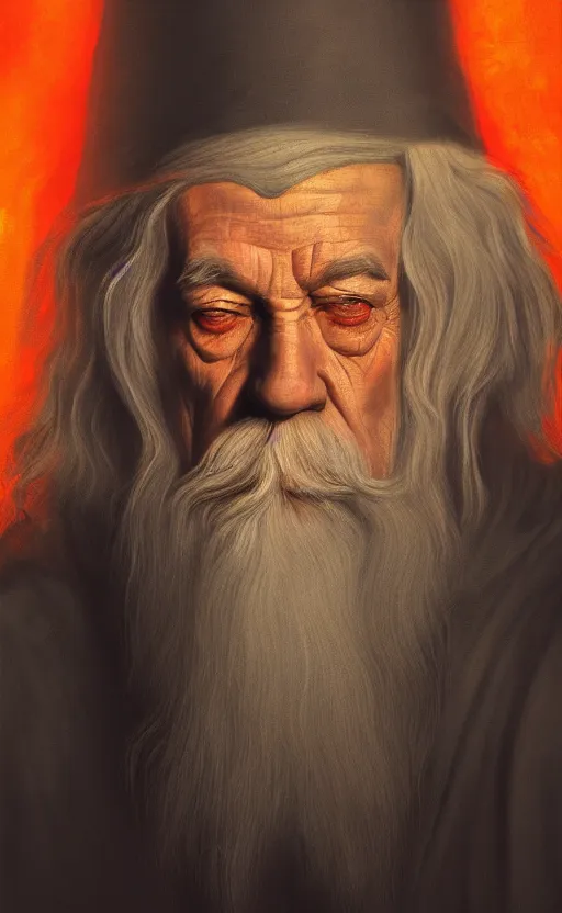 Image similar to a beautiful portrait painting of gandalf, by diego velazquez, beautiful composition and structure, high contrast, high saturation, vivid ember colors, cross hatching featured on artstation, shading study, lighting study, studio lighting, pipe smoke, volumetric fog, artistic, cinematic, backlight, rim light, portrait study