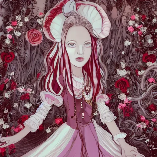 Prompt: Alice in Wonderland at the tea party, she looks like a mix of grimes and zoë kravitz, very long fingernails, childlike, hair and dress billowing dramatically in the wind, wearing heaving stacks of pearl necklaces, surrounded by red and white roses, digital illustration, inspired by a stylistic blend of Aeon Flux, Japanese shoujo manga, and John singer Sargent paintings, hyper detailed, dreamlike, otherworldly and ethereal, delicate, flower petals, super photorealistic, extremely fine inking lines, gradient colors