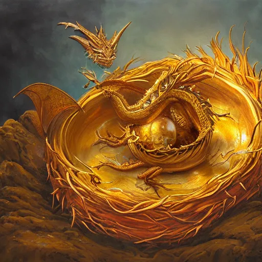 Image similar to long shot of a dragon nesting in a golden metal nest, by esao andrews, by m. w. kaluta, harmonic composition, volumetric light, fresh colors, ultra humorous oil painting, realistic reflections, floral background, smooth, concept art, depth perception, high depth of field, 4 k, unreal engine 5, ultradetailed, hyperrealistic, trending on artstation