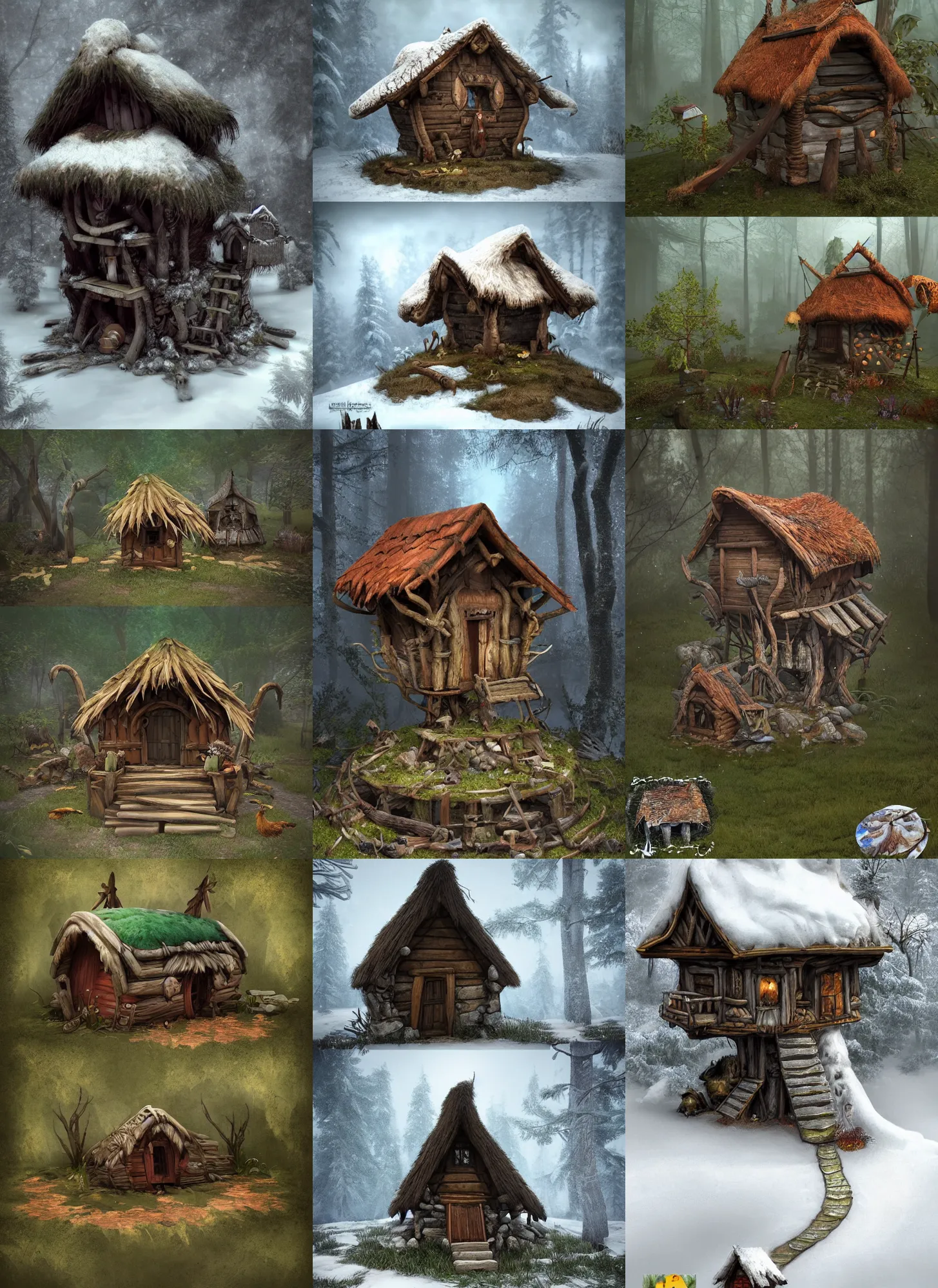 Image similar to hut on chicken legs a fantasy house Proto-Slavic mythology, a forest hut on chicken legs, where there are no windows or doors Houses with blank walls and an entrance through a hatch in the floor, a house raised 2-3 meters above the ground, Baba Yaga, full body, detailed and realistic, 4k, top-artstation, inspired blizzard games, octane render