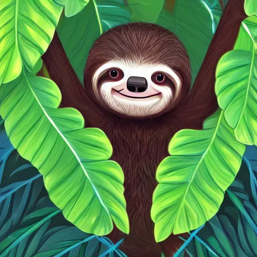 Image similar to a cute baby sloth in a happy leafy environment, incredible digital painting in an artistic style, trending on artstation