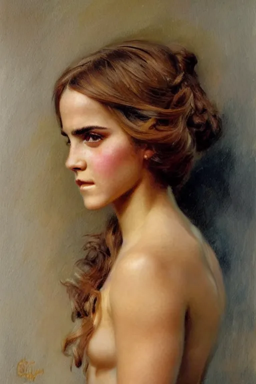 Prompt: detailed portrait of a beautiful emma watson 1 9 7 0 s hairstyle muscular, painting by gaston bussiere, craig mullins, j. c. leyendecker
